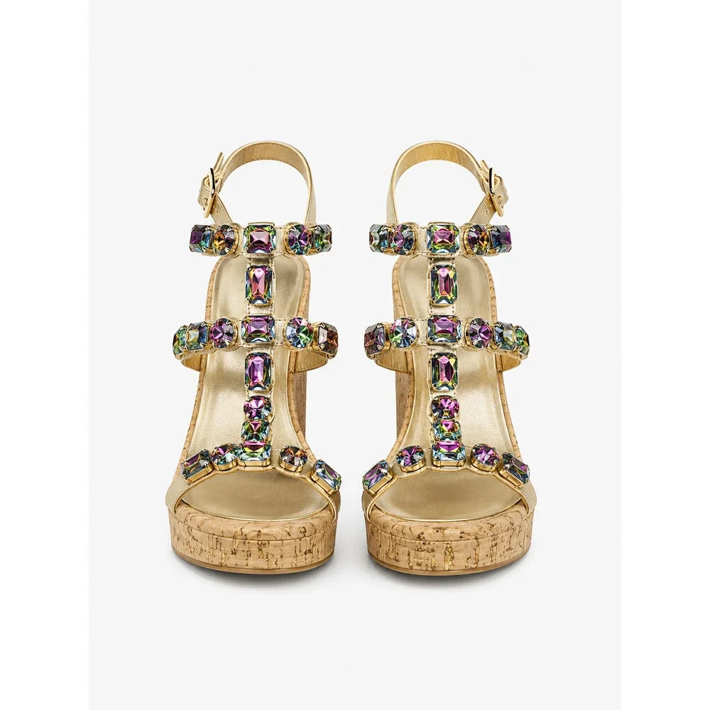 NIB Summer Time Colorful Jeweled Cork Wedge High Heel Sandals